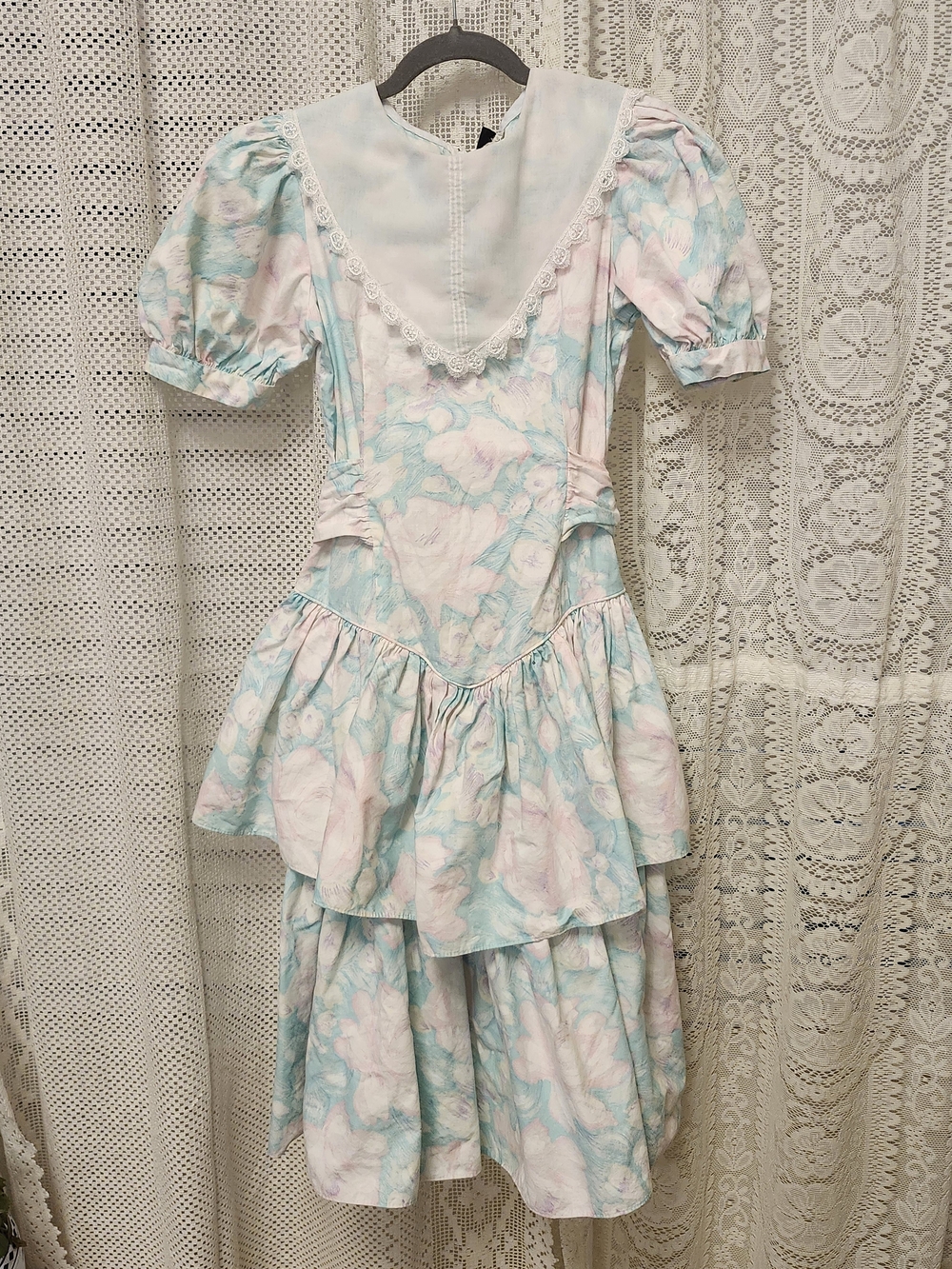 Picture Me, Girls' Vintage Pastel Pink & Blue Floral Midi Dress with Lace Collar